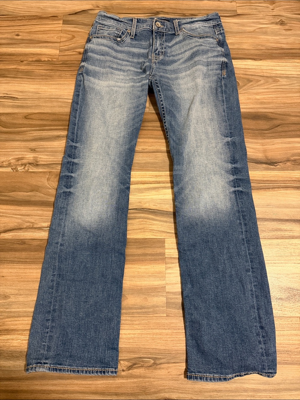 BKE Carter Bootleg Jeans Mens 33x34 Blue Stretch Relaxed Bootcut Whiskered